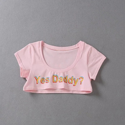 Women Letter Print Short Sleeve Yes Daddy Short Top Sleeve Crop Running T Shirt