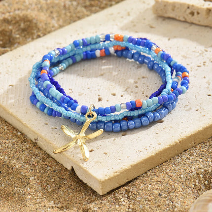 Multilayer Bohemia Rice Bead Anklet Set for Women Fashion Starfish Pendant Anklets Summer Sandy Beach Ankle Chain on Leg Jewelry