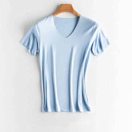 Summer Seamless Breathable Ice Silk T-Shirt Fashion Vest Men's Sports Short Sleeve T-shirt Ice Silk Solid Color V-neck Tees