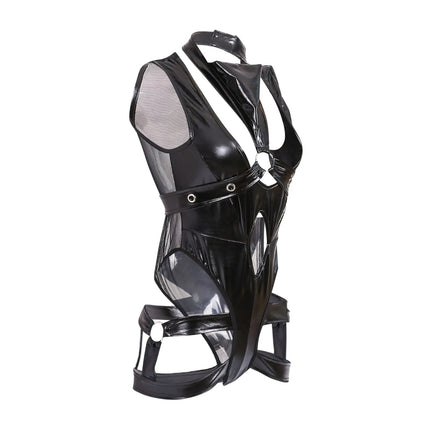 Large Size Sexy Lingerie Women PU Leather Bodysuit Hollow Out Mesh Latex Body Tops Catsuit Fetish Women Erotic Teddies Jumpsuits