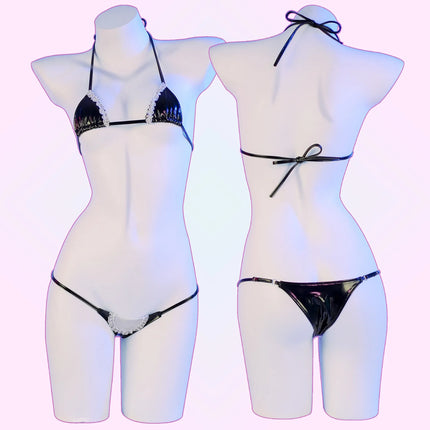 Anime Mini Bikini Set Black  Pu Leather Maid Bathing Suits Leather Bra With Lace Cosplay Costume Girl Swimsuit Role Play Lace