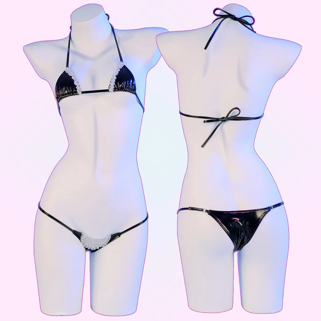 Anime Mini Bikini Set Black Pu Leather Maid Bathing Suits Leather Bra With Lace Cosplay Costume Girl Swimsuit Role Play Lace