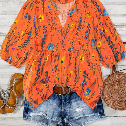 Plus Size 1XL-5XL Autumn Women's Fashion Floral V-Neck Bishop Sleeve Blouse Ladies Flower Print Elegant Casual Shirt