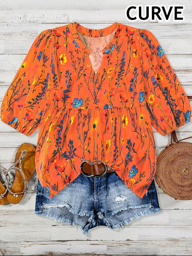 Plus Size 1XL-5XL Autumn Women's Fashion Floral V-Neck Bishop Sleeve Blouse Ladies Flower Print Elegant Casual Shirt