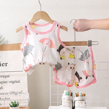 2025 New Kids Sleeveless Set Summer Cotton Girls' Shorts Pajamas Korean Style Boys' Tank Top Outfit Children Clothing Set