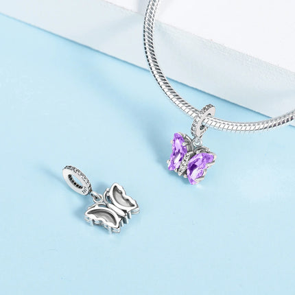 925 Sterling Silver Inlaid Heart-Shaped Beads & Rose Dangle Charm Fits Snake Bracelet Boutique Necklace Purple Pendant Gift