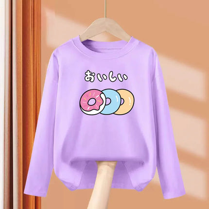 Little Girl Lollipop T-shirt Autumn Long Sleeved Tops Candy Cartoon Clothes Casual Round Neck Cotton Tees 3-14Y