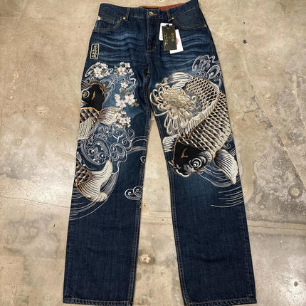 Harajuku Japanese Jeans Mens New Dragon High Quality Jeans Gothic Vintage Hip Hop Streetwear Denim Fabric Wide Leg pants