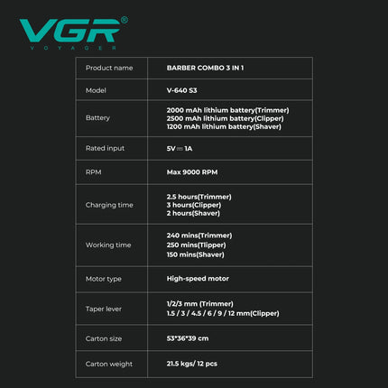 VGR Hair Trimmers Professional Hair Cut Machine Adjustable 9000 RPM LED Electric Clippers Metal Hair Trimmer for Men V-640 s3