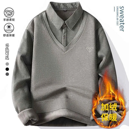 Autumn and Winter New Collection with Fleece Fake Two Piece Long Sleeved Polo Shirt for Men Fashionable and Casual Versatile Top