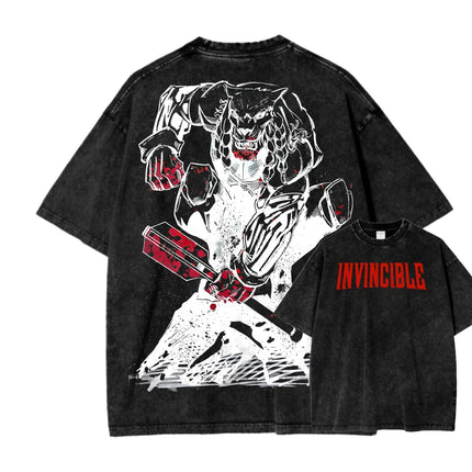 Superhero Anime Invincible Graphic Print Washed T-shirt Men Women New Fashion O-neck Cotton Tee Streetwear Hip Hop Oversized Top