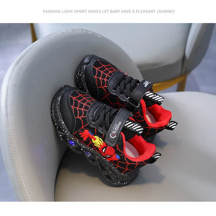 LED Casual Sneakers Red Black For Spring Boys Mesh Outdoor Spider-Man Shoes Children Lighted Non-slip Shoes Size 21-30