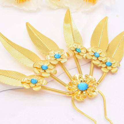 New Golden Alloy Leaf Crystal Flower Hairpin Hair Accessories for Women Thailand Ethnic Dance Party Decoration Headwear Jewelry
