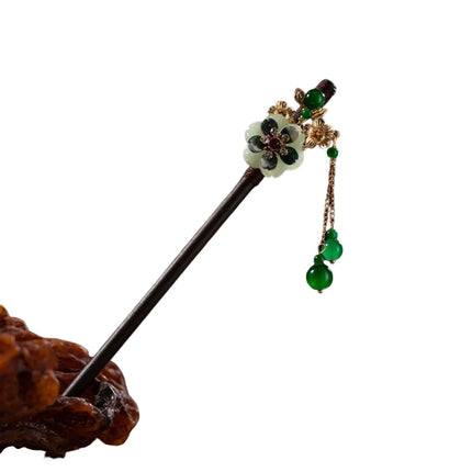 Elegant Chinese Style Wooden Hairpin Imitation Jade Flower Tassel Hair Stick Exquisite Handmade Girls Hair Accessories Hair Clip