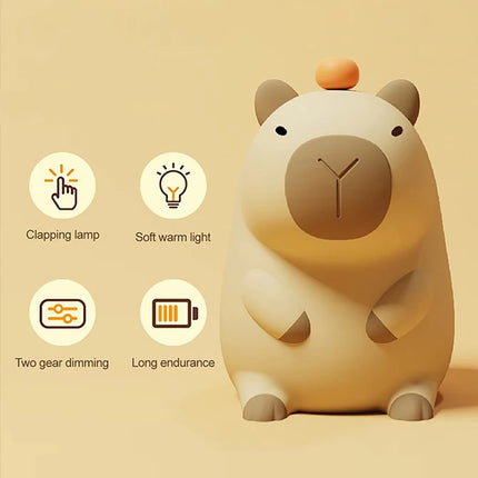 Baby Silicone Capybara Night Lights Portable USB Rechargeable Animal Touch Control Lamp Timing Function For Room Decor Funny Toy