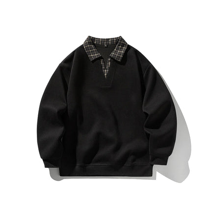 Retro Plaid Polo Neck Sweatshirt for Men and Women Heavyweight Cotton Soft Fake Two-Piece V-Neck Long Sleeve