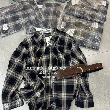 Loose Long-Sleeve Shirt Women's Korean Style Plaid Versatile Shirt with Belt, Slimming Effect, Early Autumn New Style Dongdaemun