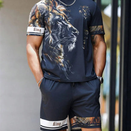 2024 New Crew Neck Short Sleeve T-shirt Fashion Shorts Set 3D Lion Print Short Sleeve Shorts 2-piece Men's Summer Sports Set
