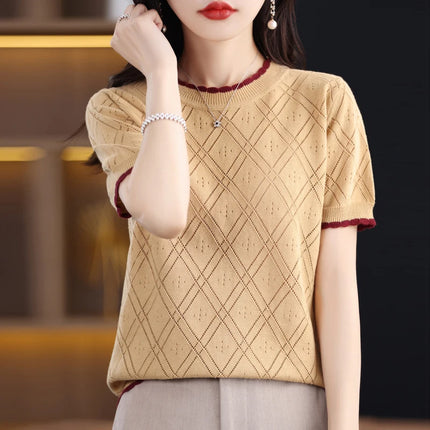 Summer New 100% Cotton Women's T-shirt Casual Solid Color Hollow Out Knit Pullover Short Sleeved Casual Fashion Round Neck Tees