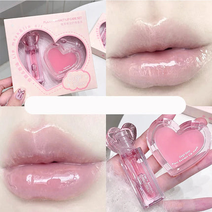 Pink Heart Lip Care Set Moisturizing Reduce Dry Wrinkles Transparent Tint Mirror DUDU Lip Oil Lip Mask Girl Lipstick Makeup Base