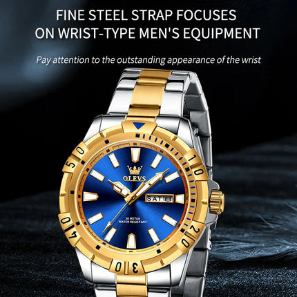 OLEVS Men's Watches Luxury Diving Series Stainless Steel Waterproof Luminous Dual Calendar Fashion Quartz Wristwatch for Men
