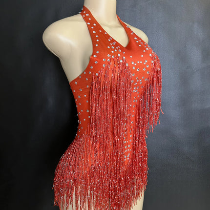 Sparkly Rhinestones Fringe Bodysuit WomenVightclub Party Dance Costume Stage Wear SexyTassel Leotard Performance Clothing G7
