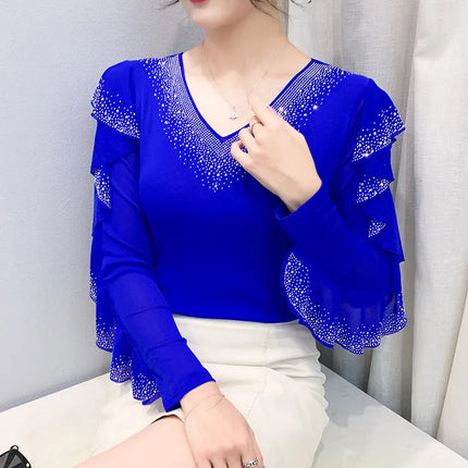 2025 Autumn New Style Mesh Tops Korean Fashion Round Neck Ruffles Shirt Lotus Leaf Edge Hot Diamond Long Sleeve Women T-Shirt