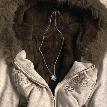 Y2k Aesthetic Vintage Fur Patchwork Hoodies Autumn Grunge Letter Embroidery Hoody Streetwear Cropped Zipper Sweatshirt Jackets