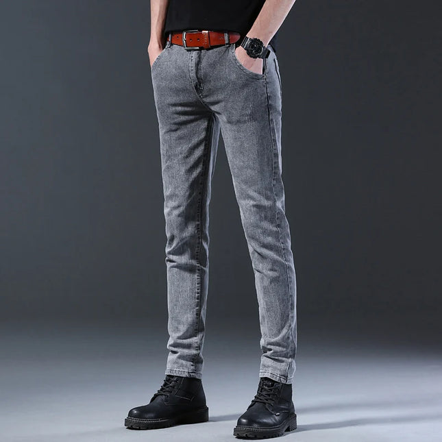 Men's Fashion Letters Denim Pants Slim Straight Gentleman Slacks Fashion European American Style Stretch Men Luxury Jeans Grey