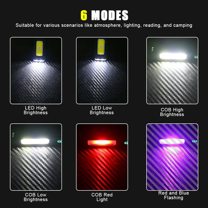 Portable RechargeableLED COB Dual Light Source Handheld Flashlights With 6 Lighting Modes/Magnet Mini Clip Flood Work Light