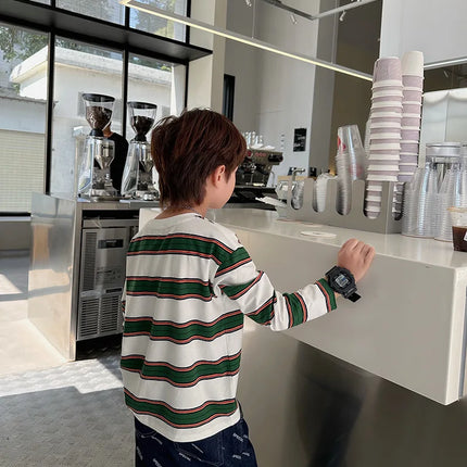 2025 autumn Children Clothes Girls Long Sleeves Bottoming Shirts Cool Boys Stripe Cotton T-shirt Teen Loose Casual 2-7y Kids Top