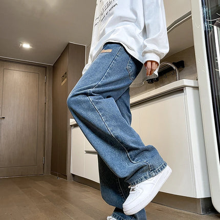 Branded Men's Baggy Jeans Classic Drawstring Loose Casual Straight Pants College Students Daily Versatile Blue Pants