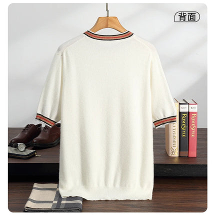 Men's T-shirt 2026 Spring/Summer New 100% Cashmere Round Neck Color Blocking Short Sleeved Knit Pullover Casual Men's Clothing