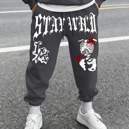 Men's Retro Dark Grunge Gothic Letter Skeleton Graphic Joggers Elastic Cuff Sweatpants Popular Vintage Streetwear Casual Pants