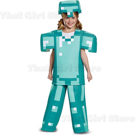 Kids Cosplay Diamond Armor Game Character Steve Cosplay Costumes 3 Pieces Set Blue Outfits Dress Up Set for Halloween Suit