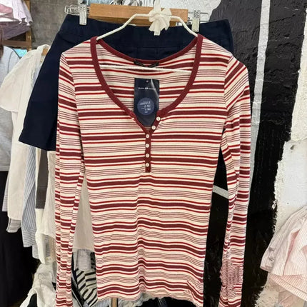 Pink Striped Slim Long Sleeve Tees Women Spring Casual Cotton O-neck Tshirt New Tops Clothes Sweet Cute  Vintage T-shirts Y2K
