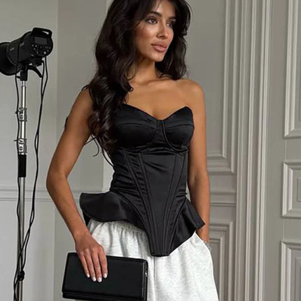 Women Solid Deep-v Satin Camisole Corset Top Elegant Double-strap Fitted Cropped Back-tie 2026 Chic Versatile Date Lady Tops