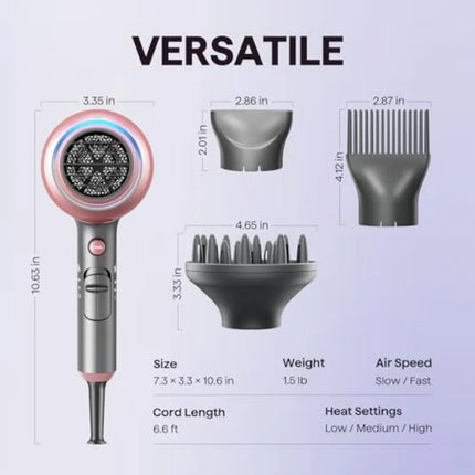 Ionic hair dryer for curly hair with diffuser, ceramic technology, 1875W fast drying, 3 attachments, light and quiet, rose gold