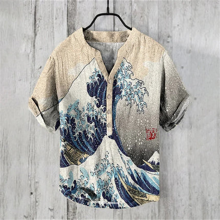 Men's Short-Sleeved POLO Shirt Imitation Linen POLO Shirt Printed Kanagawa Waves Japanese Retro Men's Clothing