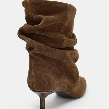 Liyke Brown Retro Elegant Designer Ankle Boots Women Fashion Pleated Suede Autumn Winter Low Thin Heels Party Prom Chelsea Shoes