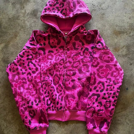 Hip Hop Casual Leopard Print Long Sleeve Hoodie 2000s Autumn Winter Fashion High Street America Dopamine Loose Zipper Sweatshirt