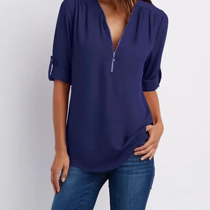 2025 Hot Sale Women Cool Loose Shirt Deep V Neck Chiffon Fashion Blouse Casual Ladies Tops Sexy Zipper Pullover Plus Size