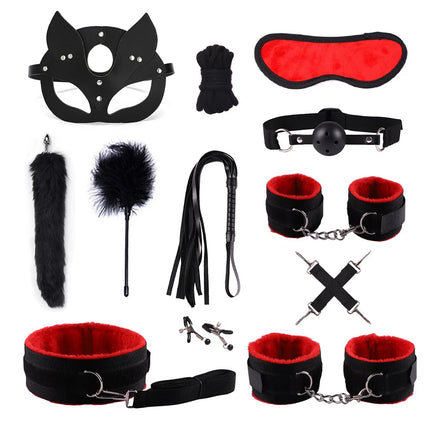 Adult Erotic Nylon Bondage BDSM Kit with Handcuffs Sex Whip Mouth Gag Soft Fox Tail Anal Plug for Women Sexy Games
