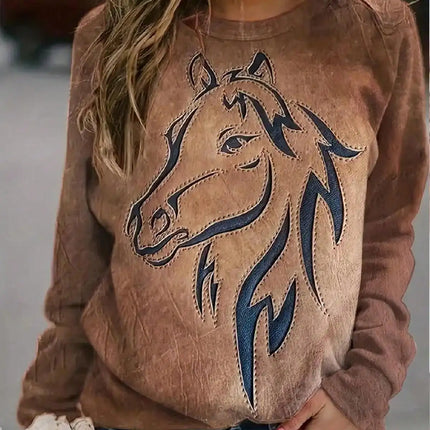2026 Women's Casual Elegant Spring and Autumn Edition Horse Pattern Solid Color Round Neck Comfortable Long Sleeve Hoodie Top