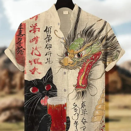 Men's Edo Cat Samurai Warrior Japanese Art Anime Shirts 3D Print Casual Hawaiian Shirts Summer Men Women Short Sleeve Blouse Top