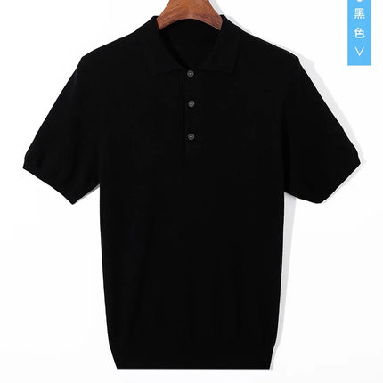 Men's short sleeved polo shirt, stylish top, knitted T-shirt, 2024 summer wool blend casual business pullover