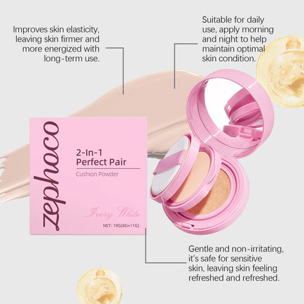 Zephoco 2 in 1 Pressed Powder Cushion Foundation Oil Control Matte Loose Setting Powder Deep Hydration Face Cushion Foundation