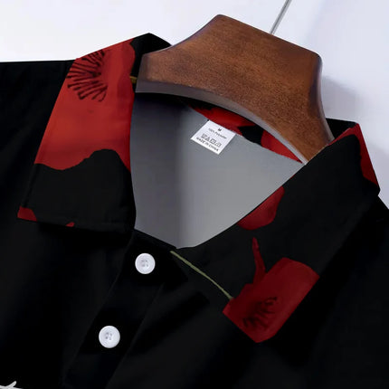 Men's Retro Summer Fashion Short-Sleeved Australian Military Commemorative Print Men's Polo Shirt with the Text "Lest We Forget", Poppy Pattern, Lapel Button-Down Short-Sleeved Casual Military Style Polo Shirt