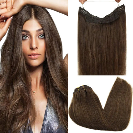 Wire Hair Extensions Real Human Hair Balayage Dark Brown to Chestnut Brown Invisible Transparent Remy Fish Line Hair Extensions