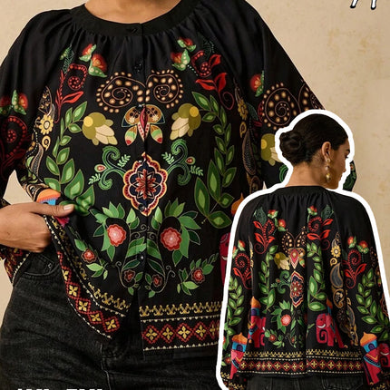 Plus Size Bohemian Ethnic Print Top Puff Sleeve Elegant Non-Stretch Woven Tops for Women Office Commute Party Gathering 